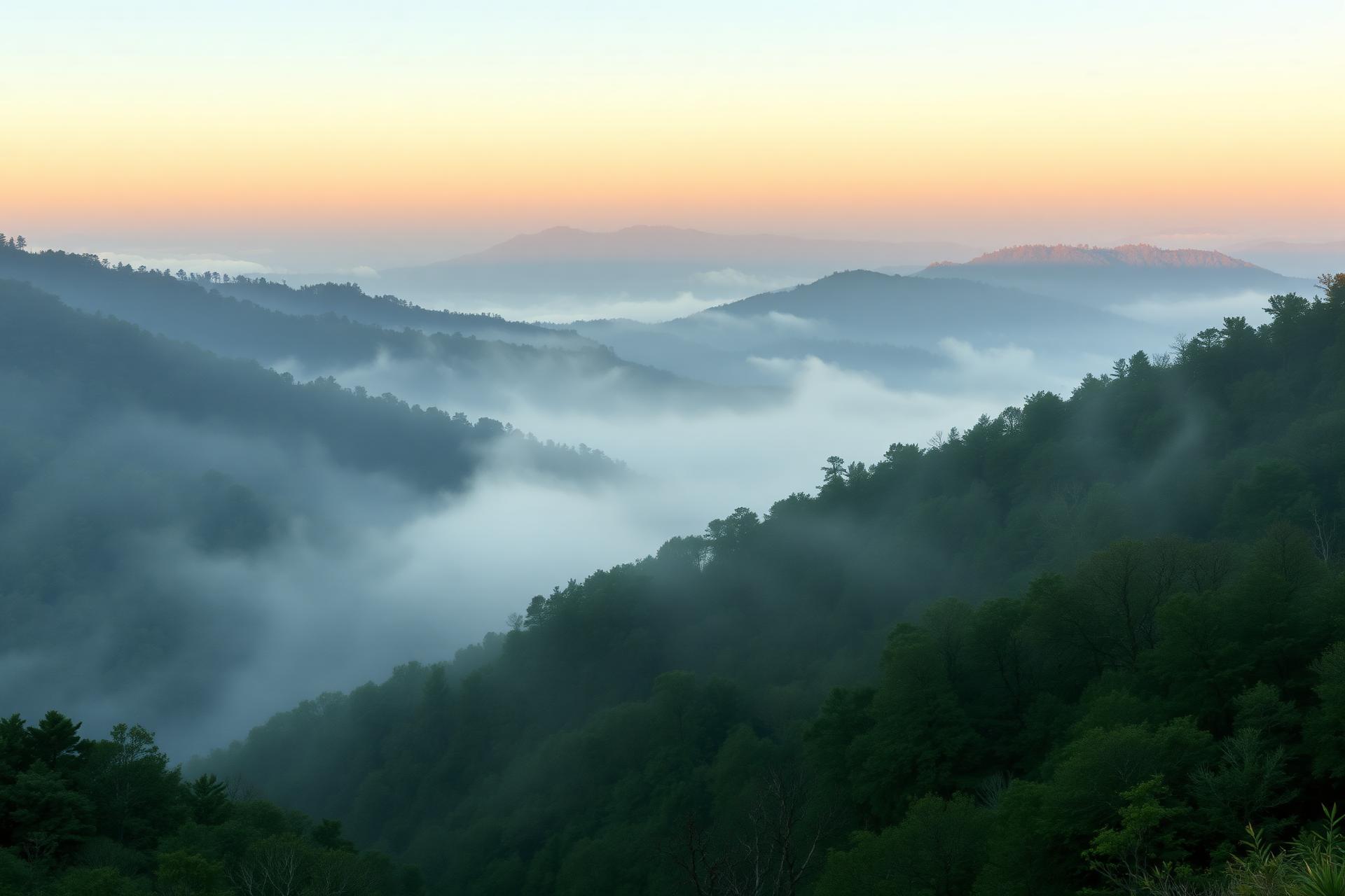 Foggy Appalachian hills at dawn near Morgantown, West Virginia